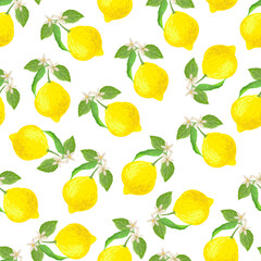 Lemon tropic summer background. Seamless vector botanical pattern. Textile print.