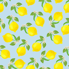 Lemon tropic summer background. Seamless vector botanical pattern. Textile print.
