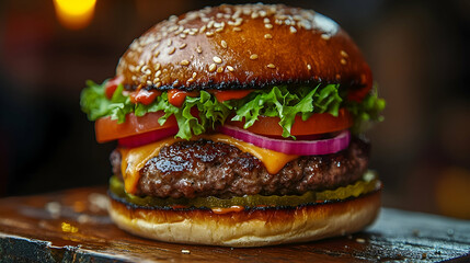 Delicious juicy burger with toppings on wooden board.