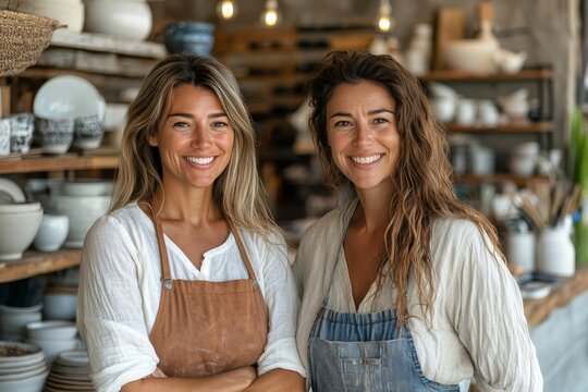 Two smiling artisans stand proudly in their pottery studio, surrounded by handcrafted ceramics. the scene radiates warmth and creativity, celebrating the beauty of handmade artistry.
