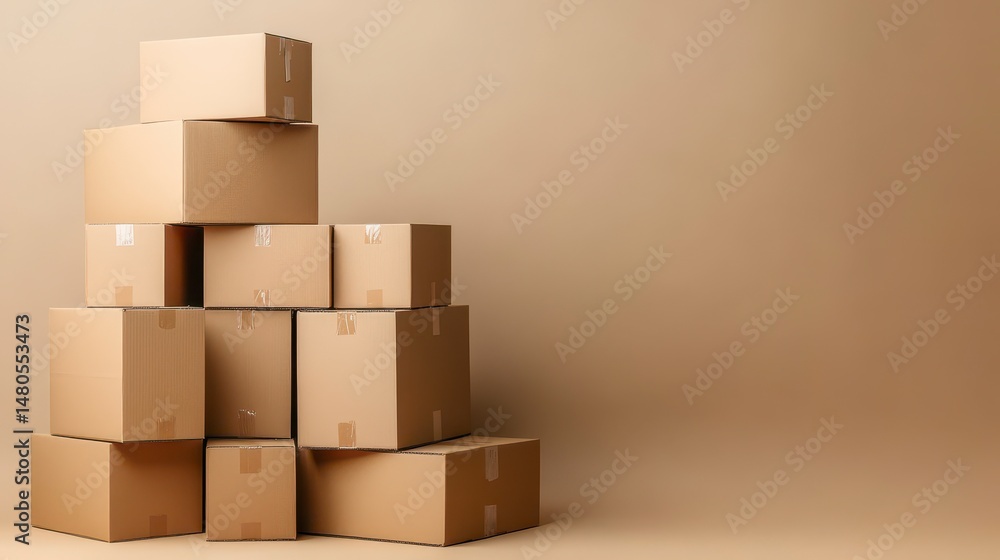Poster stack of cardboard boxes on beige background.
