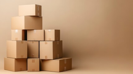 Fototapeta premium Stack of cardboard boxes on beige background.