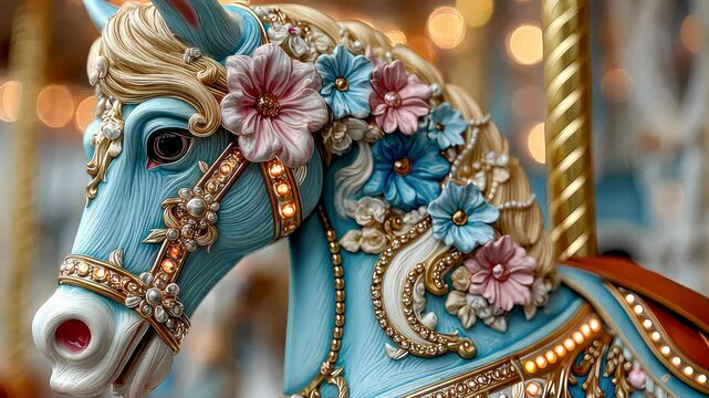 Close-up of a vibrantly colored carousel horse adorned with ornate golden decorations and pastel flowers, evoking nostalgia and elegance