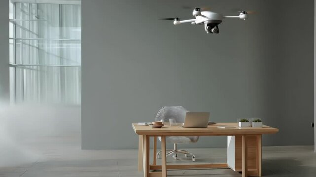 A serene empty office space filled with a swirling mist from a hovering drone illustrating the thorough coverage of hydrogen peroxide fog in a roomscale dis scenario.