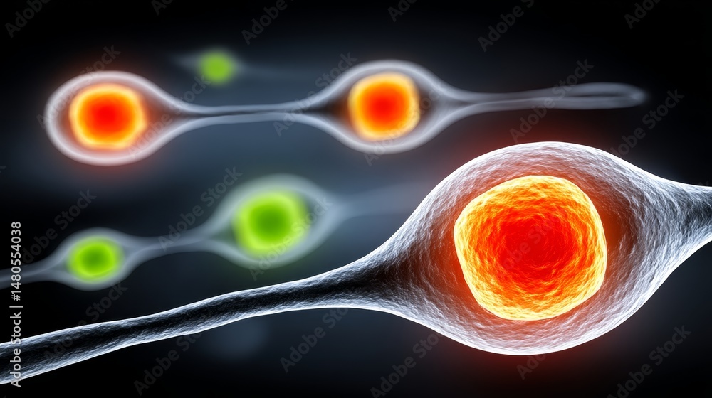 Poster microscopic neural connections - close-up view of glowing neuron cells interconnected, showcasing in