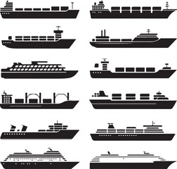 Obraz premium Silhouette of Shipping Vessels: This captivating image showcases an assortment of cargo ships. The stark silhouettes emphasize the sleekness of each vessel