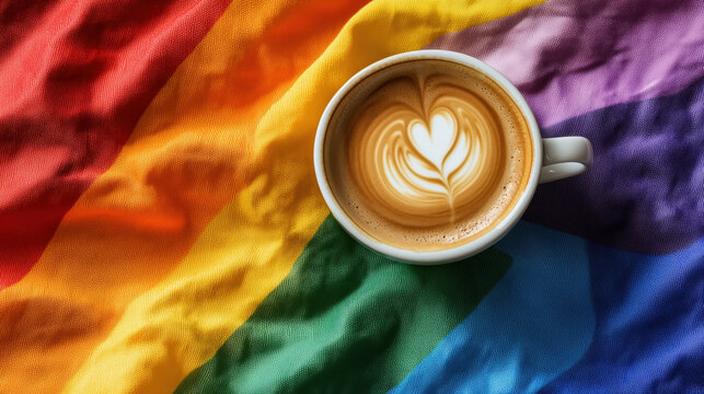 Warm latte with heart design on rainbow flag background during celebration of diversity and inclusion in vibrant cafe atmosphere