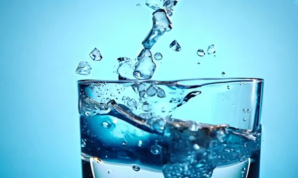 Super slow motion ice falls with splashes in a glass of water. Filmed at 1000 fps.On a blue background.