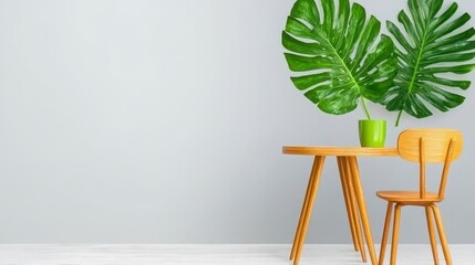 Minimalist Room Decor Wooden Table Chair Green Tropical Leaves