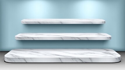 Minimalist Marble Shelves Light Blue Background - Elegant marble shelves on a light blue wall, symbolizing luxury, simplicity, display, presentation, and clean design