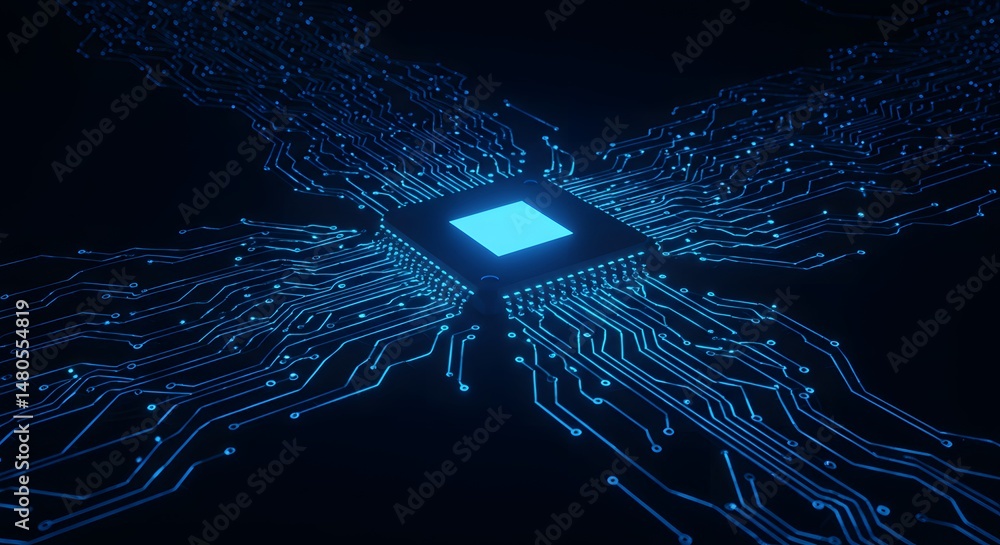 Poster high-resolution image of a central processing unit (cpu) with glowing core and intricate circuitry
