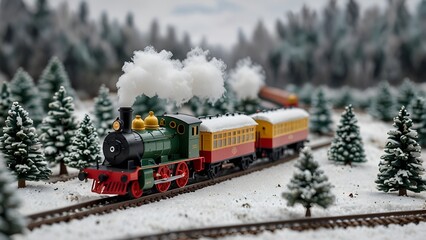 Miniature Model Train in Snowy Winter Landscape