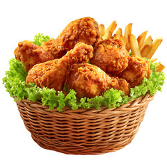 Wicker Basket of Fried Chicken and French Fries on Transparent Background