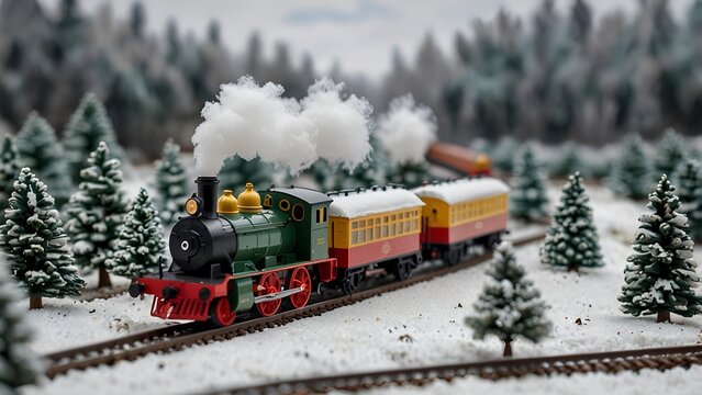 Miniature Model Train in Snowy Winter Landscape - Powered by Adobe