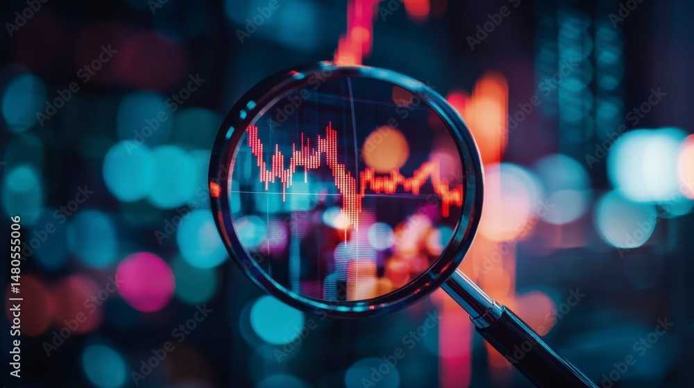 Aufkleber magnifying glass on a stock market graph with blurred city lights in the background.