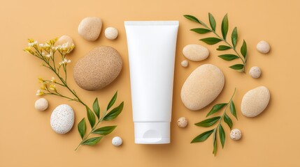 Minimalist Skincare: SPF Tube and Stones - Serene skincare concept. SPF protection, natural elements, smooth skin, healthy glow, peaceful feeling
