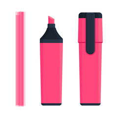 Set of pink highlighter marker pen with flat tip, stroke line, uncapped and capped version. Stationery, school and office supply. Flat vector illustration isolated on white background
