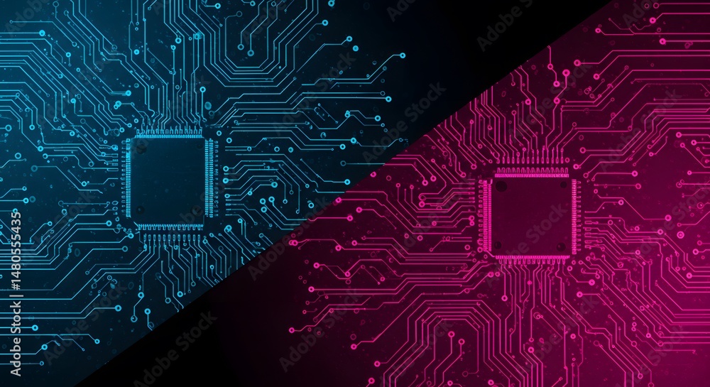 Poster abstract digital circuit board background teal and pink microchip technology design