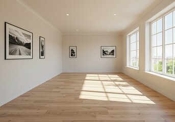 Fototapeta premium Bright gallery room with art prints and hardwood floor with sunlight