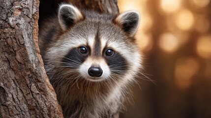 Curious Wild Raccoon Peeking from Hollow Tree Trunk in Sunlit Forest Bokeh