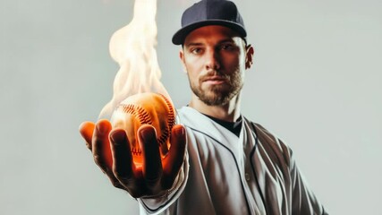Burning baseball in the hand of a pitcher player on a light background. - Powered by Adobe