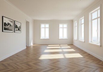 Bright empty room with herringbone wood floor and mountain artwork on the wall