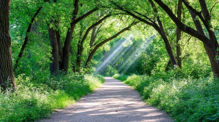 Fototapeta premium Misty Green Forest Path Sunlight Dappled Trail - Serene woodland trail bathed in sunlight, symbolizing peace, tranquility, nature's beauty, journey, and hope