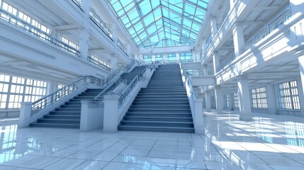 Obraz premium Modern Architectural Staircase Design - Clean lines and bright light define this modern architectural staircase in a spacious building. Ideal for showcasing architectural design, real estate