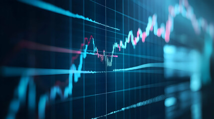 A financial chart displays fluctuating data lines against a dark blue background.