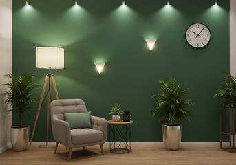 Living room interior with armchair plants and clock against a green wall