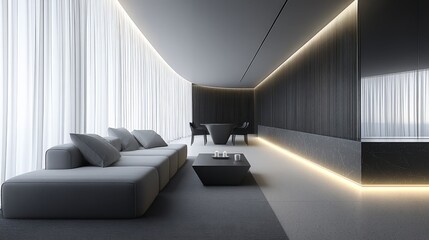 Modern Living Room with Wall-Mounted Lighting and Floor Lamp - Elegant modern living room design, featuring a sleek gray sofa, wall-mounted lighting, a minimalist coffee table