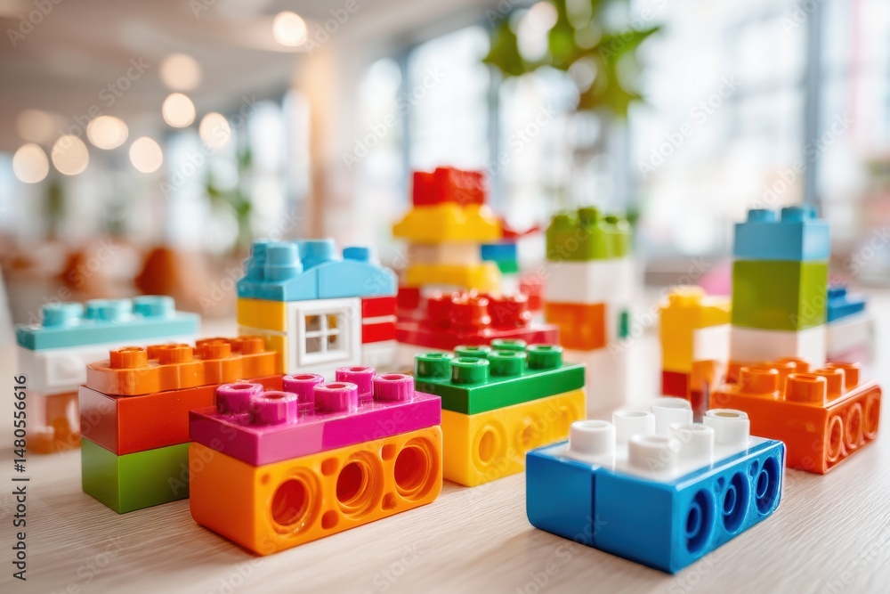 Poster a vibrant collection of colorful plastic building blocks arranged on a table, creating a playful and