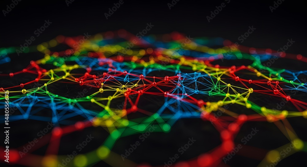 Poster abstract colorful network connection nodes and lines intertwined, representing data flow and digital