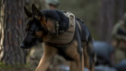 A military working dog in action wearing a tactical harness sniffing for explosives in a training scenario reflecting the importance of K9 units in security operations.