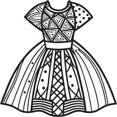 Elegant black and white dress with geometric patterns perfect for coloring books and designs