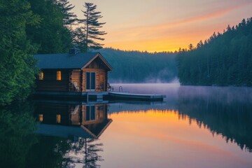 Fototapeta premium A peaceful lakefront cabin at sunrise with a wooden dock and clear reflection on calm water in a serene natural setting