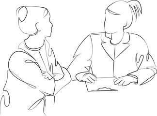 One continuous single drawing line art flat doodle woman, sitting, doctor, hospital, female, adult, care, medicine. Isolated image hand draw contour on a white background, hand drawn, not AI