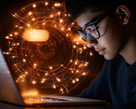 Young person gazes at laptop, encircled by bright, glowing data lines & points - Powered by Adobe