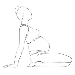 One continuous single drawing line art flat doodle gymnastics, pregnant, sport, woman, adult, lifestyle, yoga, exercise. Isolated image hand draw contour on a white background, hand drawn, not AI