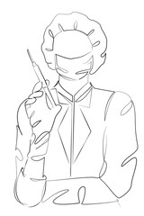One continuous single drawing line art flat doodle doctor, syringe, hand, healthcare and medicine, vaccination. Isolated image hand draw contour on a white background, hand drawn, not AI