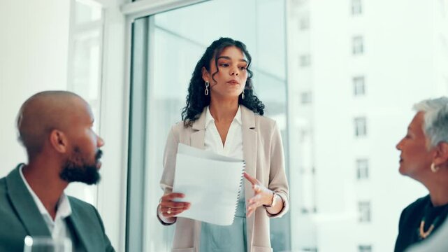 Business, people and woman with documents in meeting for financial pitch, investment request and project management. Finance, stakeholders and discussion with paperwork for budget report and feedback
