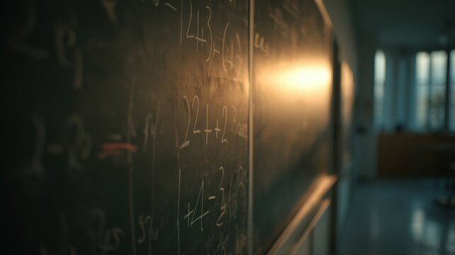 Blackboard with mathematical equations illuminates empty classroom at sunset