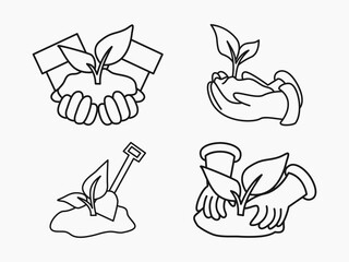 Minimalist icon set of planting and growing trees in line art style with clean black stroke