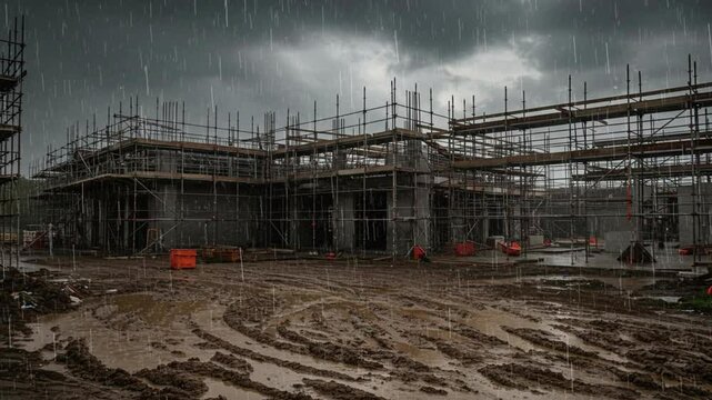 Construction site under heavy rain with dark overcast sky  