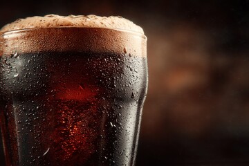 Refreshing dark beer with a frothy head in a glass, glistening with condensation drops, creates an inviting and refreshing ambiance on a dark background.