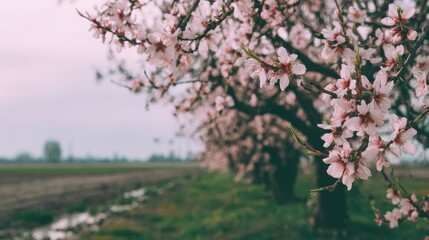Fototapeta premium Blooming almond tree branches in orchard with field in background