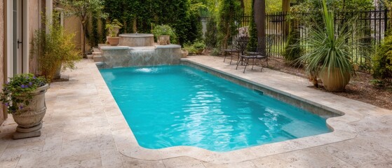 Fototapeta premium Serene Swimming Pool Oasis with Waterfall Feature and Lush Landscaping in Private Backyard Setting