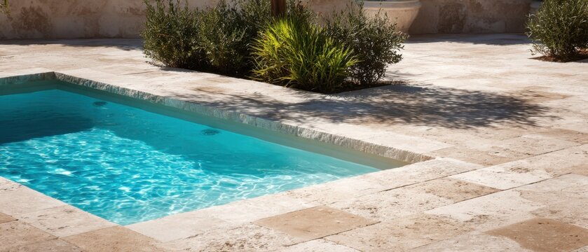 Serene Swimming Pool with Stone Surround and Lush Greenery in a Mediterranean Style Garden Setting