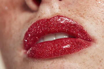 Obraz premium A close-up of a woman's red glitter lipstick and freckled skin highlighting makeup artistry, beauty trends, and cosmetic fashion statements.
