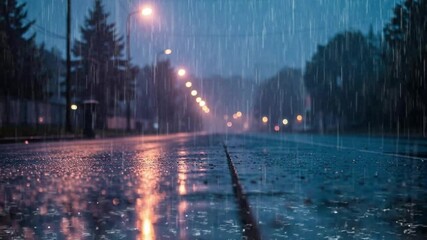 Wet street during heavy rain at night with streetlights glowing   - Powered by Adobe